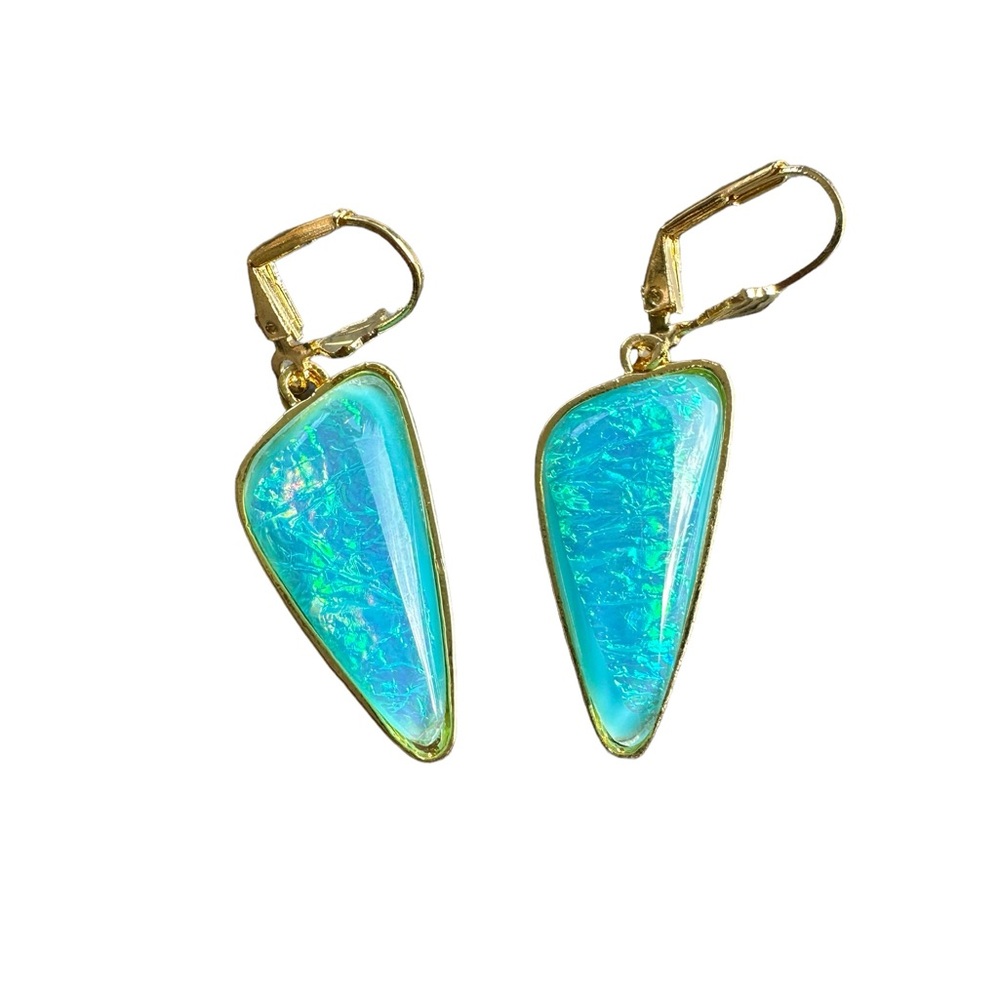 Gold and Iridescent Turquoise Geometric Drop Earrings